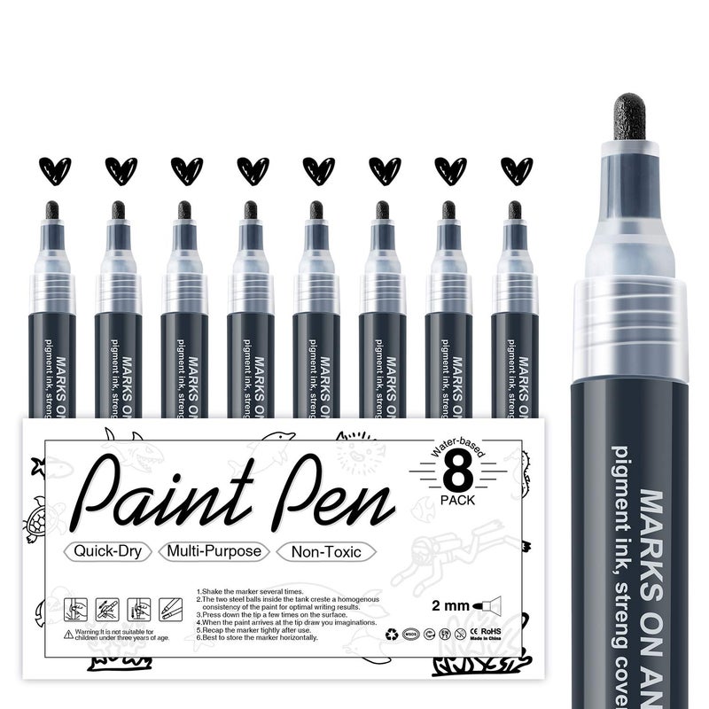 AKARUED Black Acrylic Paint Markers, 8 Pack Acrylic Black Paint Pen Sets for Rock Painting, Wood, Stone, Glass, Ceramic, Paper, Drawing, Art Projects, DIY Crafts, Water-Based ink, 2-3mm Medium Tip - Image 1